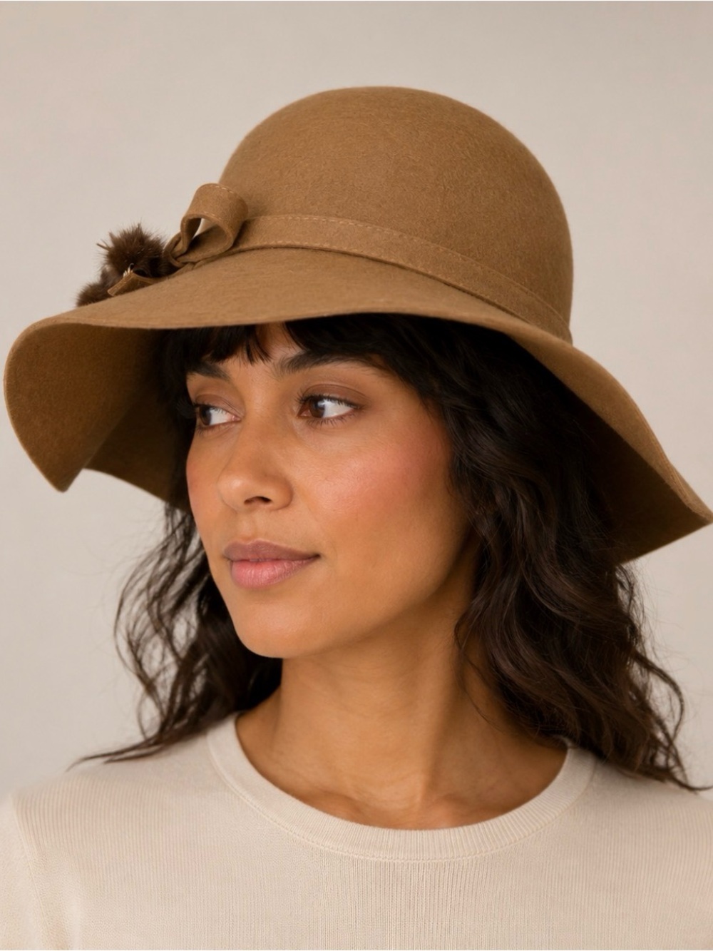 Womens Felt Floppy Hat with Bow Accent